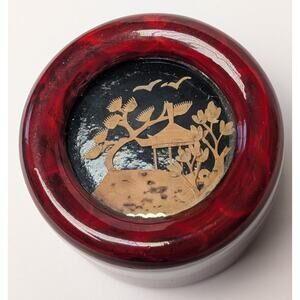 Vtg Cork Art Trinket Box 2.5" Round Red Lacquer Diorama Landscape Satin Lined